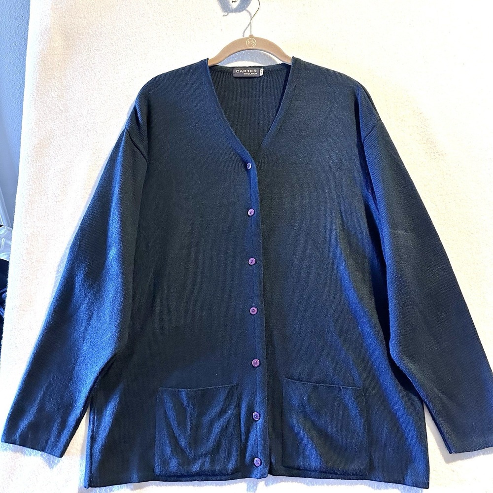 Carter Woolrich Vintage Cardigan Mens 42 Large Navy Blue Pockets Preppy Academia